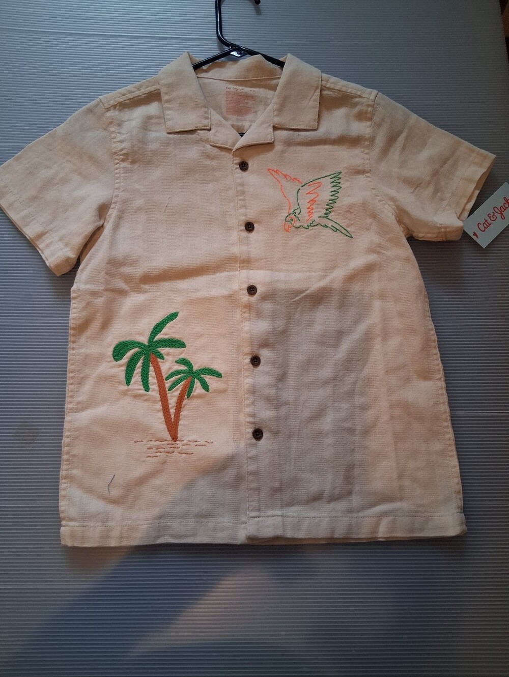 Cat & Jack Beige Embroidered Palm-Tree & Parrot Short-Sleeve Shirt - Kids